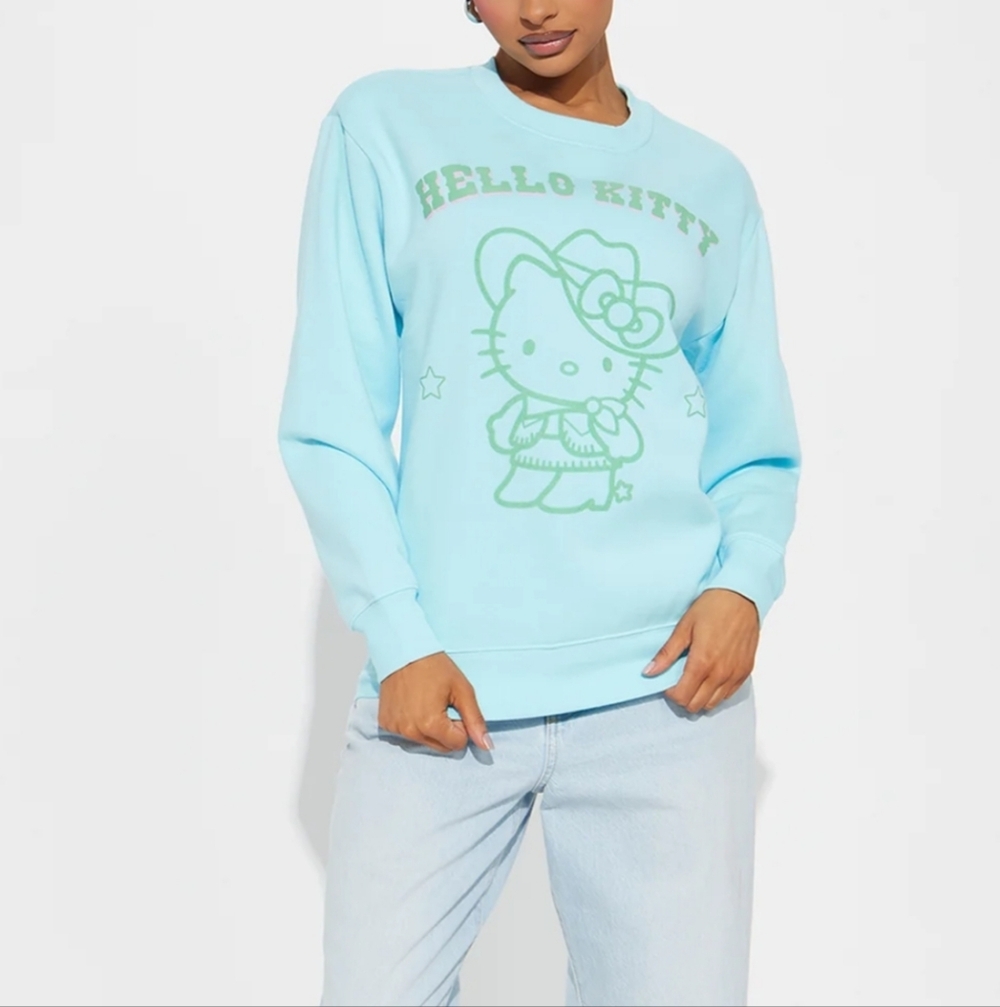 Hello Kitty by Sanrio Womens Light Teal Blue Crew Neck Sweatshirt Size L